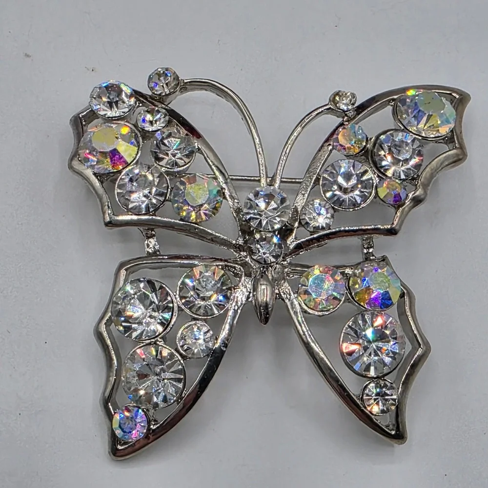 Silver Tone Butterfly Brooch Clear‎ Aurora Borealis Rhinestone Crystal Pin Glam